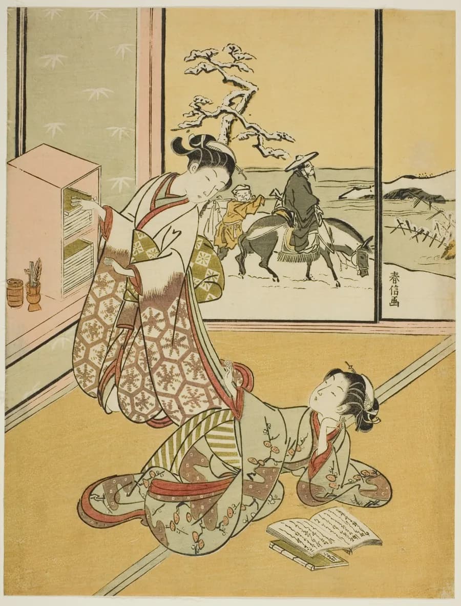 ภาพพิมพ์แกะไม้สี Two Young Women Reading Books โดย Suzuki Harunobu